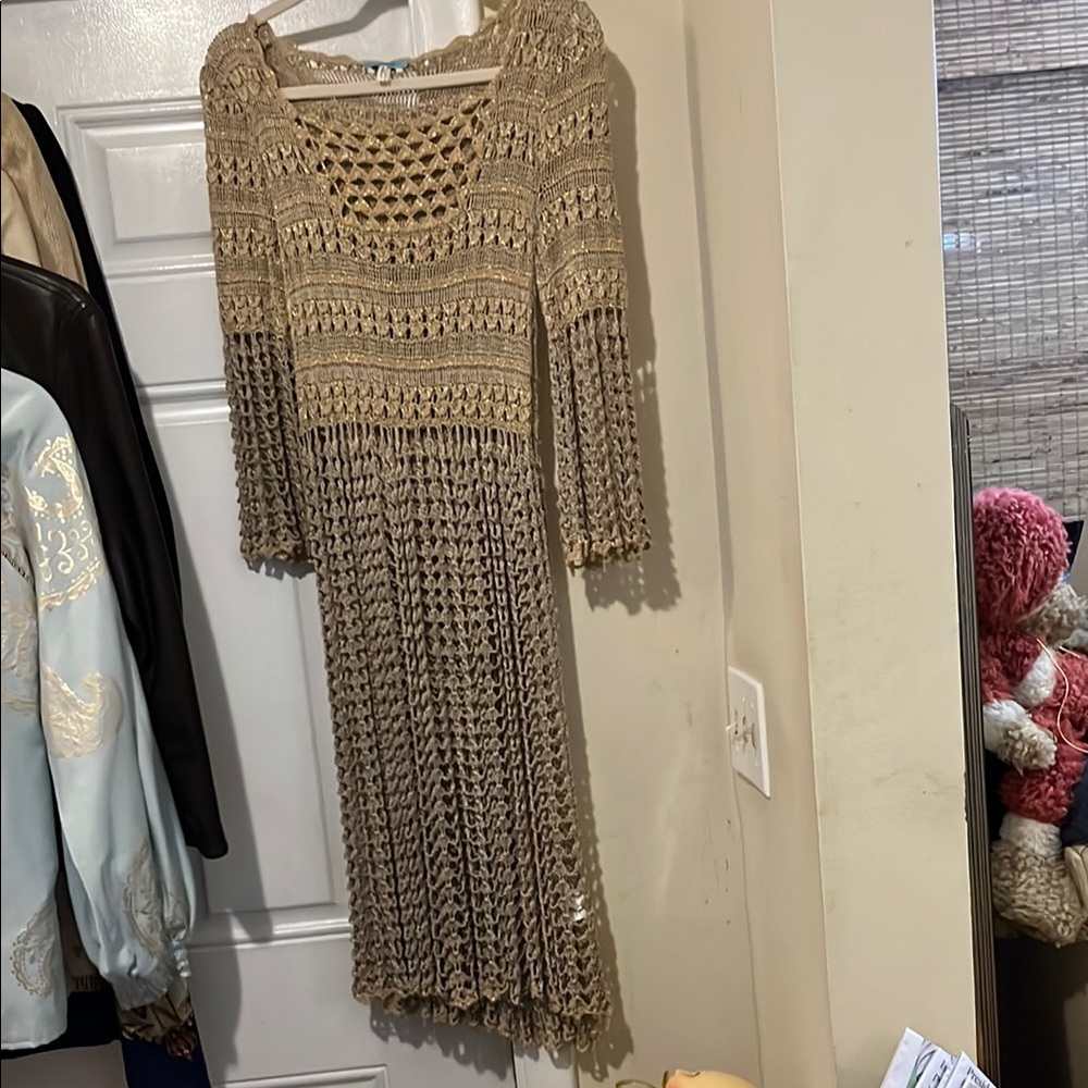 Leifnotes NEW M Crochet Gold  Knit Dress